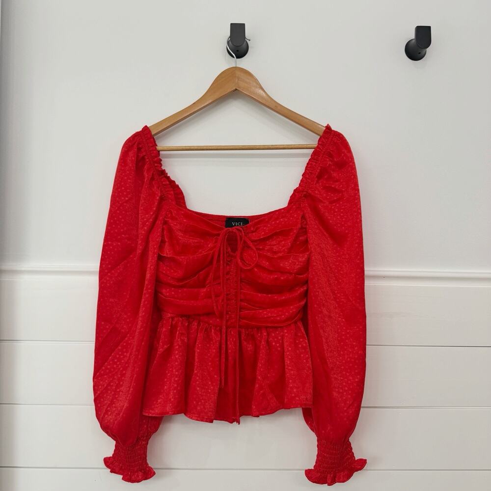 Women’s Vici Red Ruched Long Sleeve Blouse Top Size Small S
